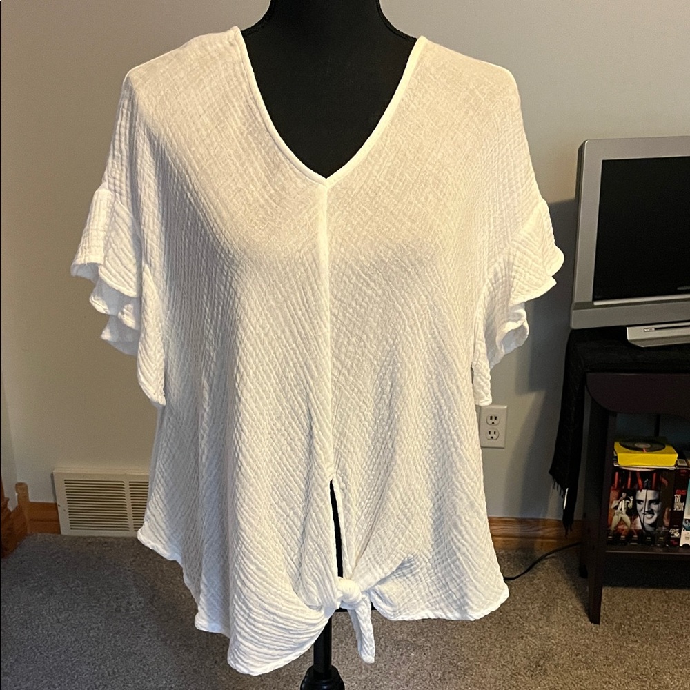 FAVLUX White Textured Tie-Front Blouse